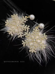 Christmas Snowflake Earrings Women's Full Diamond Pearl Plush Earrings Digitalshoper